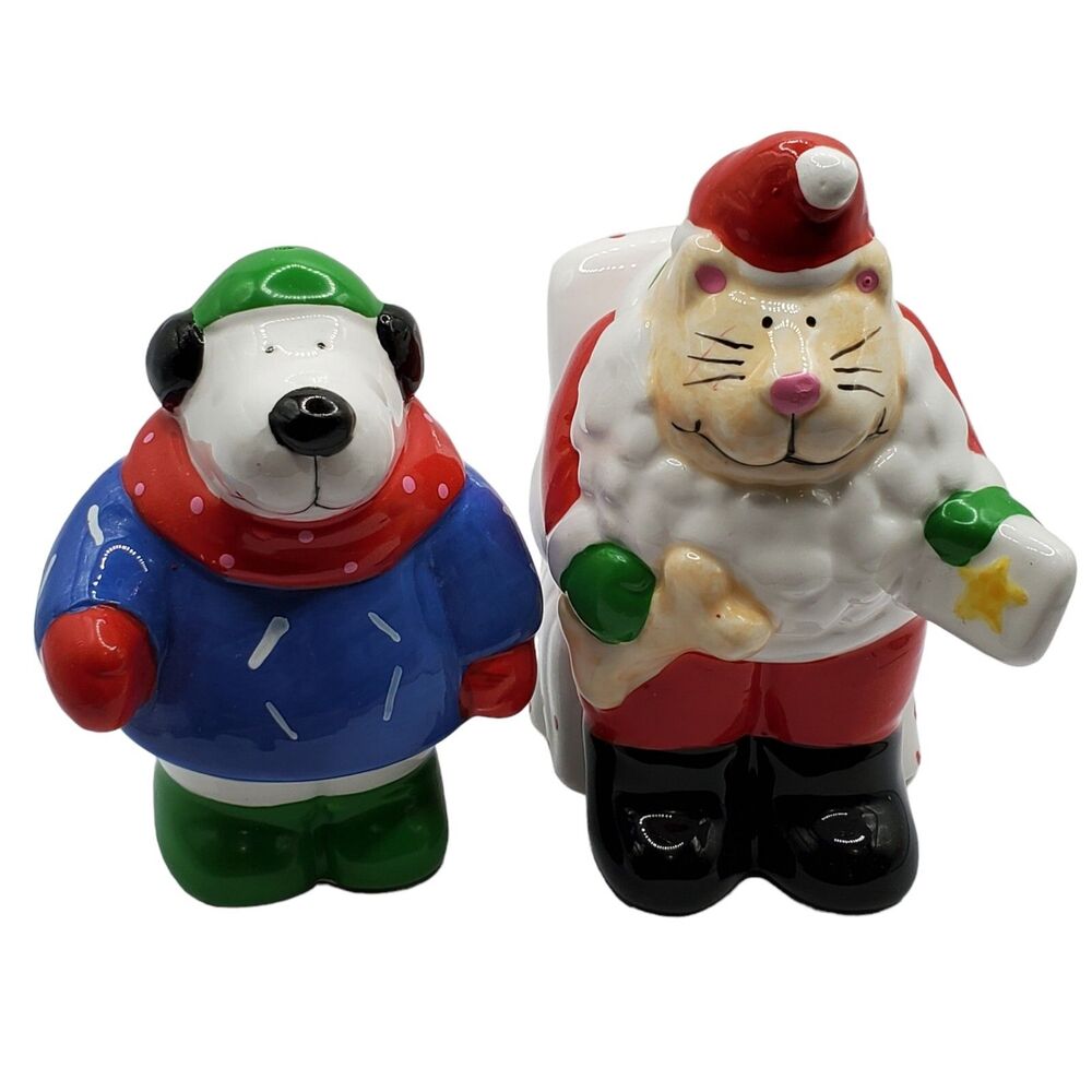 Certified International Salt Pepper Shakers Dog Cat Christmas Colorful Winter